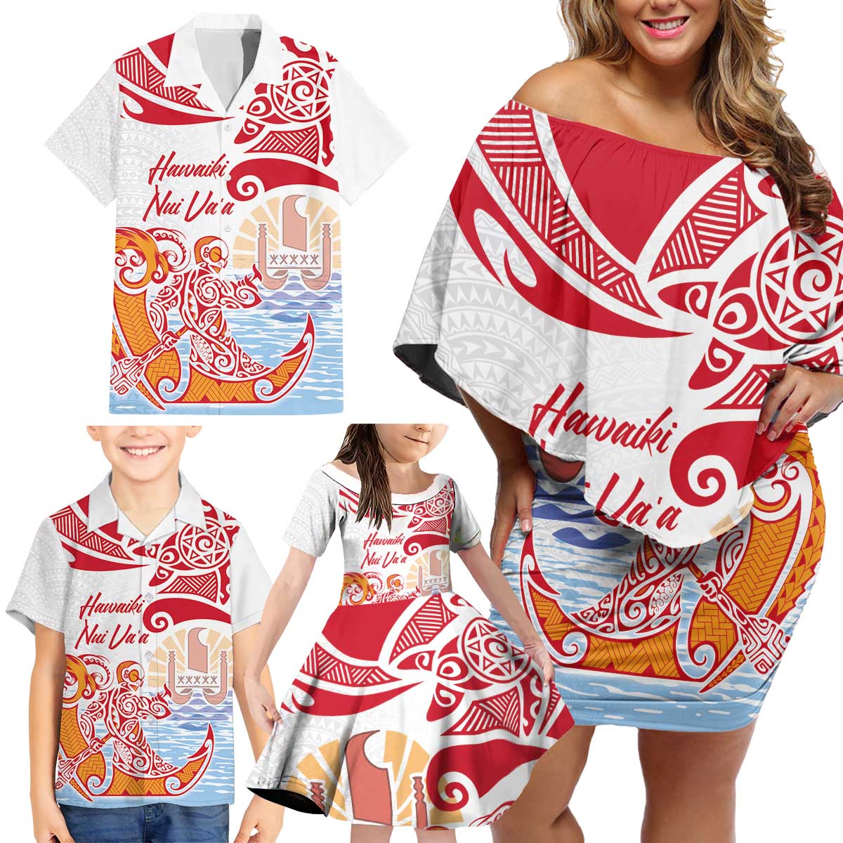Hawaiki Nui Va'a Solo French Polynesia Family Matching Off Shoulder Short Dress and Hawaiian Shirt Red Color LT03 - Polynesian Pride