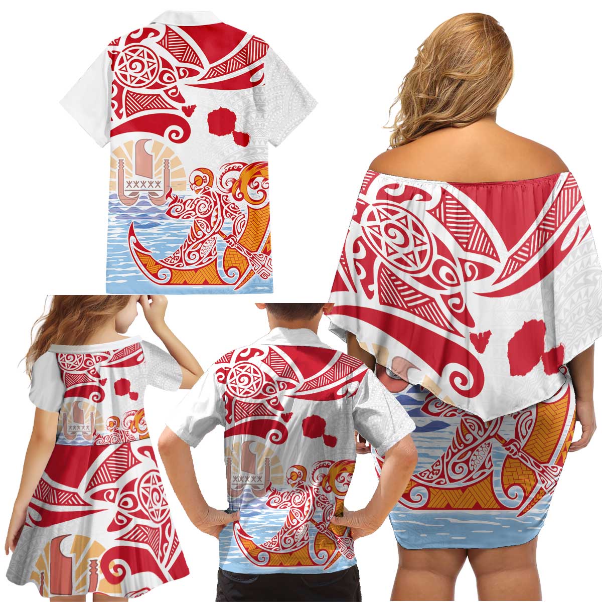 Hawaiki Nui Va'a Solo French Polynesia Family Matching Off Shoulder Short Dress and Hawaiian Shirt Red Color LT03 - Polynesian Pride