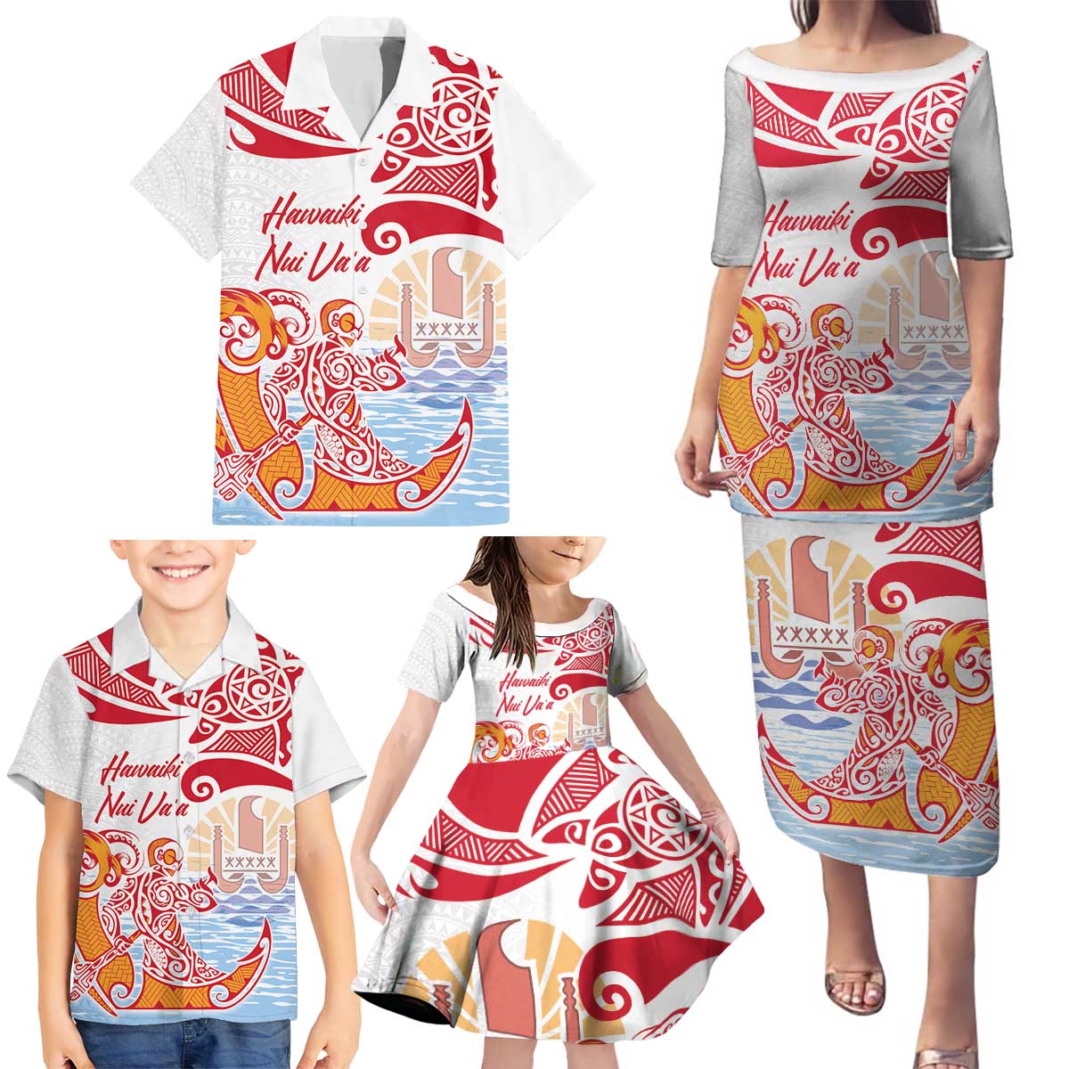 Hawaiki Nui Va'a Solo French Polynesia Family Matching Puletasi and Hawaiian Shirt Red Color LT03 - Polynesian Pride