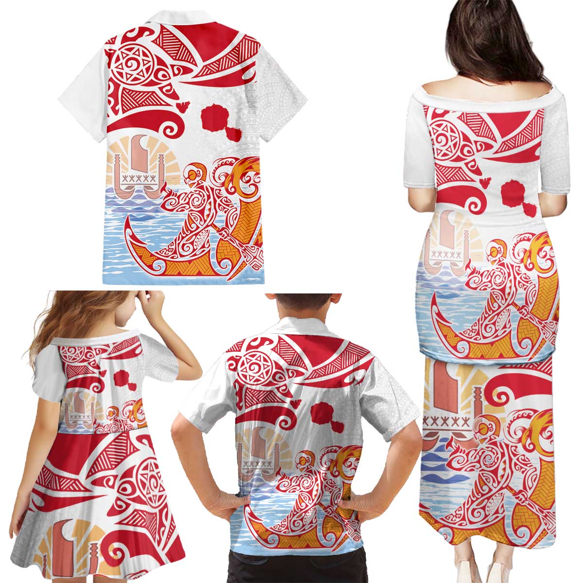 Hawaiki Nui Va'a Solo French Polynesia Family Matching Puletasi and Hawaiian Shirt Red Color LT03 - Polynesian Pride