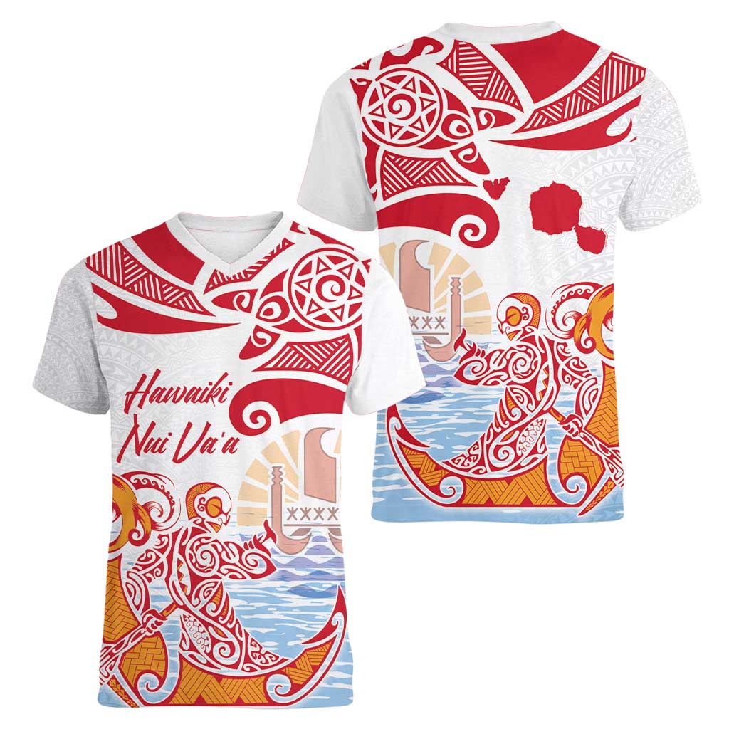 Hawaiki Nui Va'a Solo French Polynesia Women V-Neck T-Shirt Red Color LT03 - Polynesian Pride