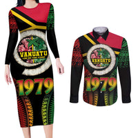Vanuatu Constitution Day Couples Matching Long Sleeve Bodycon Dress and Long Sleeve Button Shirt Polynesian Tattoo and Pig Tusk Since 1979 LT03 Black - Polynesian Pride