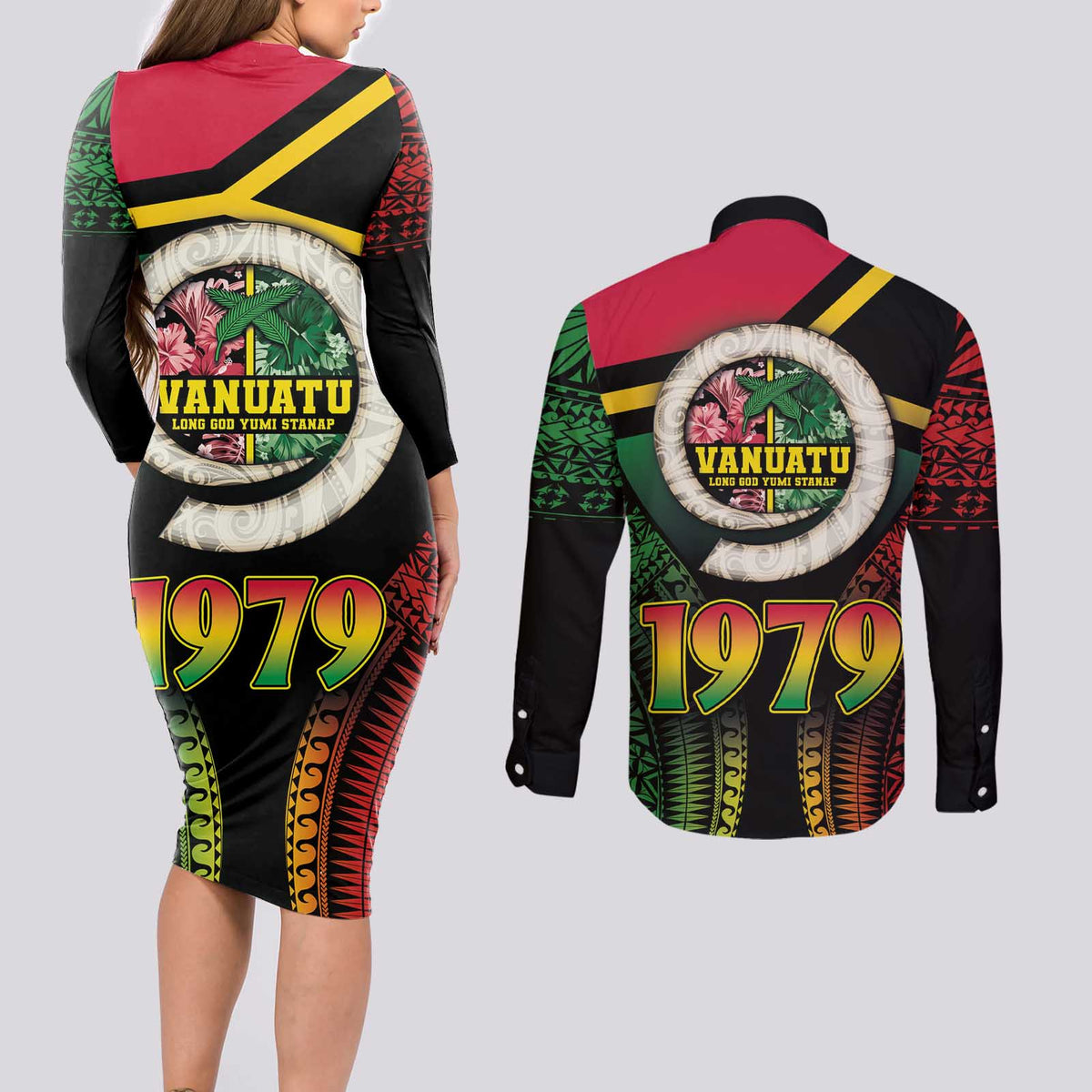 Vanuatu Constitution Day Couples Matching Long Sleeve Bodycon Dress and Long Sleeve Button Shirt Polynesian Tattoo and Pig Tusk Since 1979 LT03 - Polynesian Pride