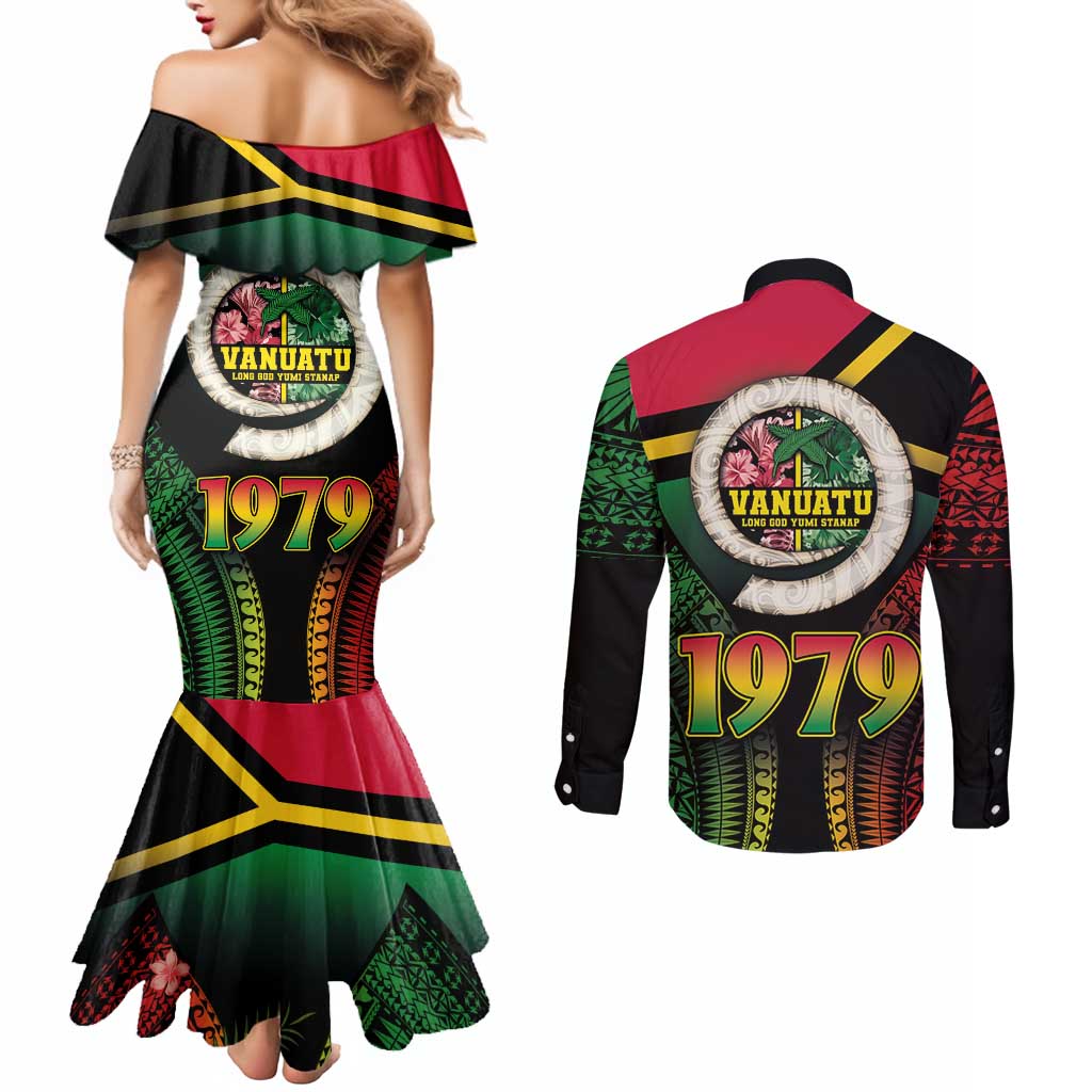 Vanuatu Constitution Day Couples Matching Mermaid Dress and Long Sleeve Button Shirt Polynesian Tattoo and Pig Tusk Since 1979 LT03 - Polynesian Pride