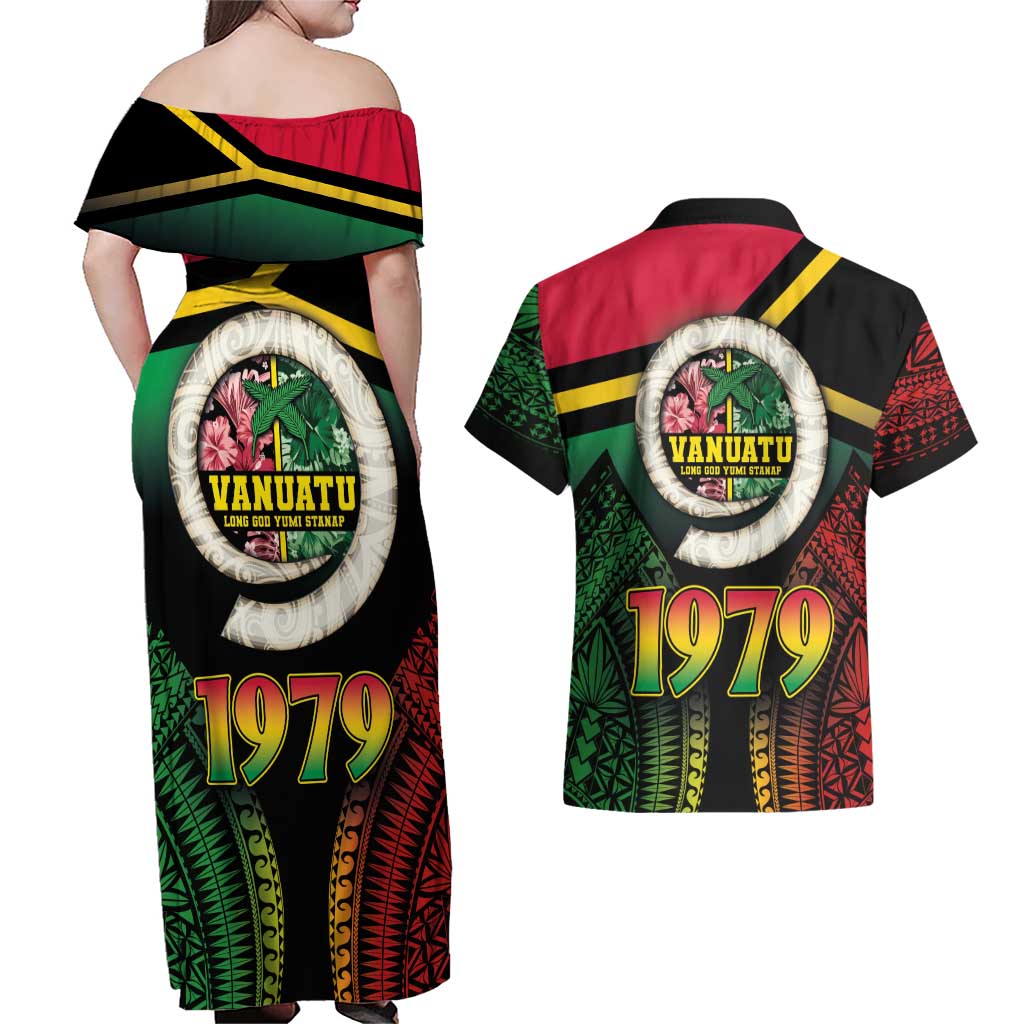 Vanuatu Constitution Day Couples Matching Off Shoulder Maxi Dress and Hawaiian Shirt Polynesian Tattoo and Pig Tusk Since 1979 LT03 - Polynesian Pride