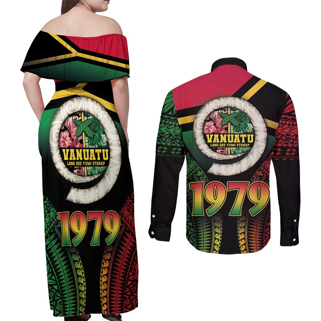 Vanuatu Constitution Day Couples Matching Off Shoulder Maxi Dress and Long Sleeve Button Shirt Polynesian Tattoo and Pig Tusk Since 1979 LT03 - Polynesian Pride
