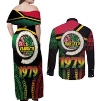 Vanuatu Constitution Day Couples Matching Off Shoulder Maxi Dress and Long Sleeve Button Shirt Polynesian Tattoo and Pig Tusk Since 1979 LT03 - Polynesian Pride