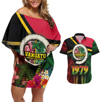 Vanuatu Constitution Day Couples Matching Off Shoulder Short Dress and Hawaiian Shirt Polynesian Tattoo and Pig Tusk Since 1979 LT03 Black - Polynesian Pride