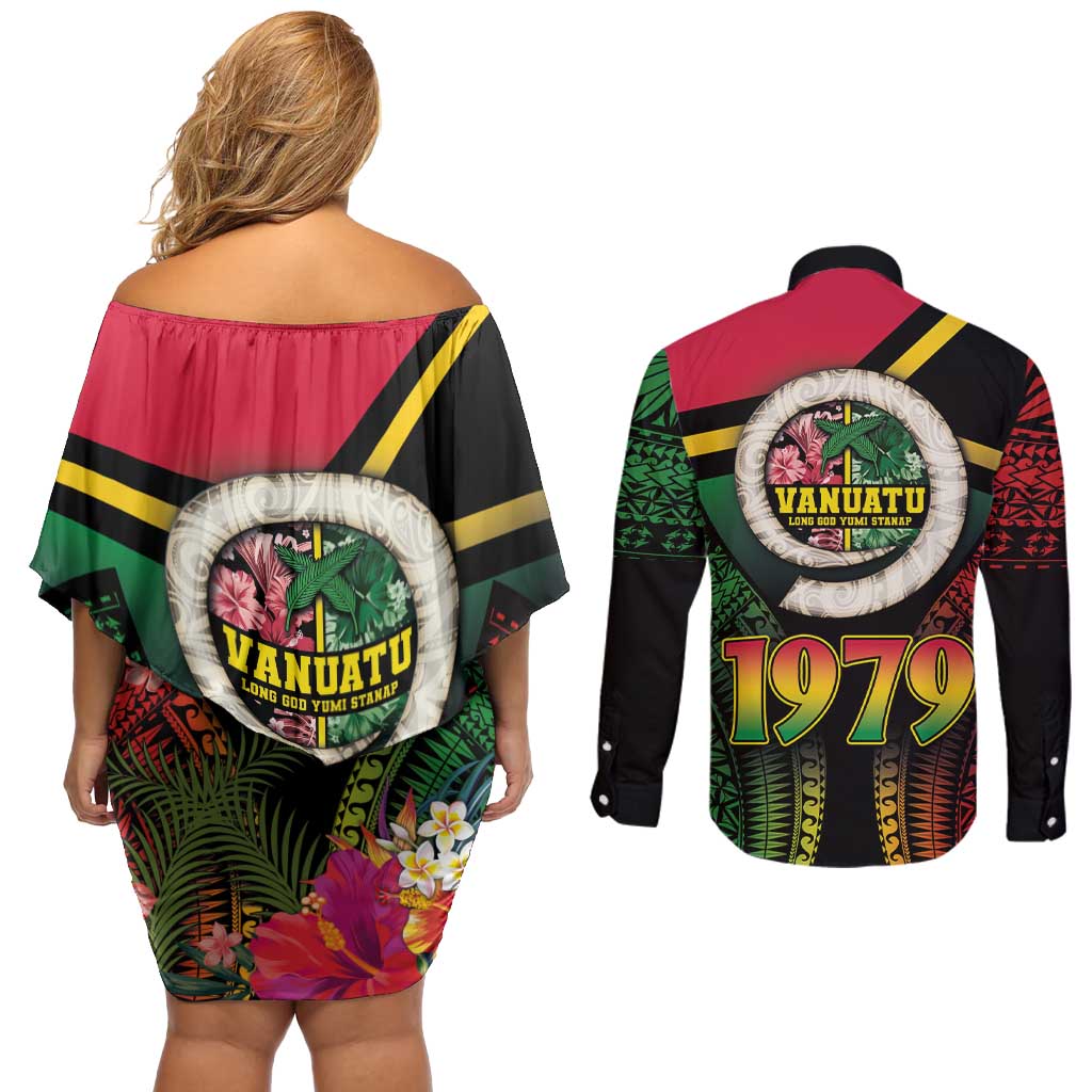 Vanuatu Constitution Day Couples Matching Off Shoulder Short Dress and Long Sleeve Button Shirt Polynesian Tattoo and Pig Tusk Since 1979 LT03 - Polynesian Pride