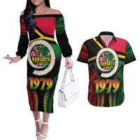 Vanuatu Constitution Day Couples Matching Off The Shoulder Long Sleeve Dress and Hawaiian Shirt Polynesian Tattoo and Pig Tusk Since 1979 LT03 Black - Polynesian Pride
