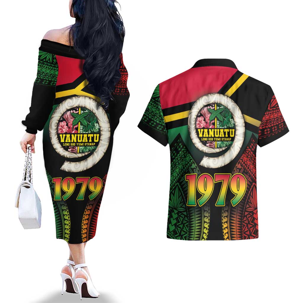 Vanuatu Constitution Day Couples Matching Off The Shoulder Long Sleeve Dress and Hawaiian Shirt Polynesian Tattoo and Pig Tusk Since 1979 LT03 - Polynesian Pride