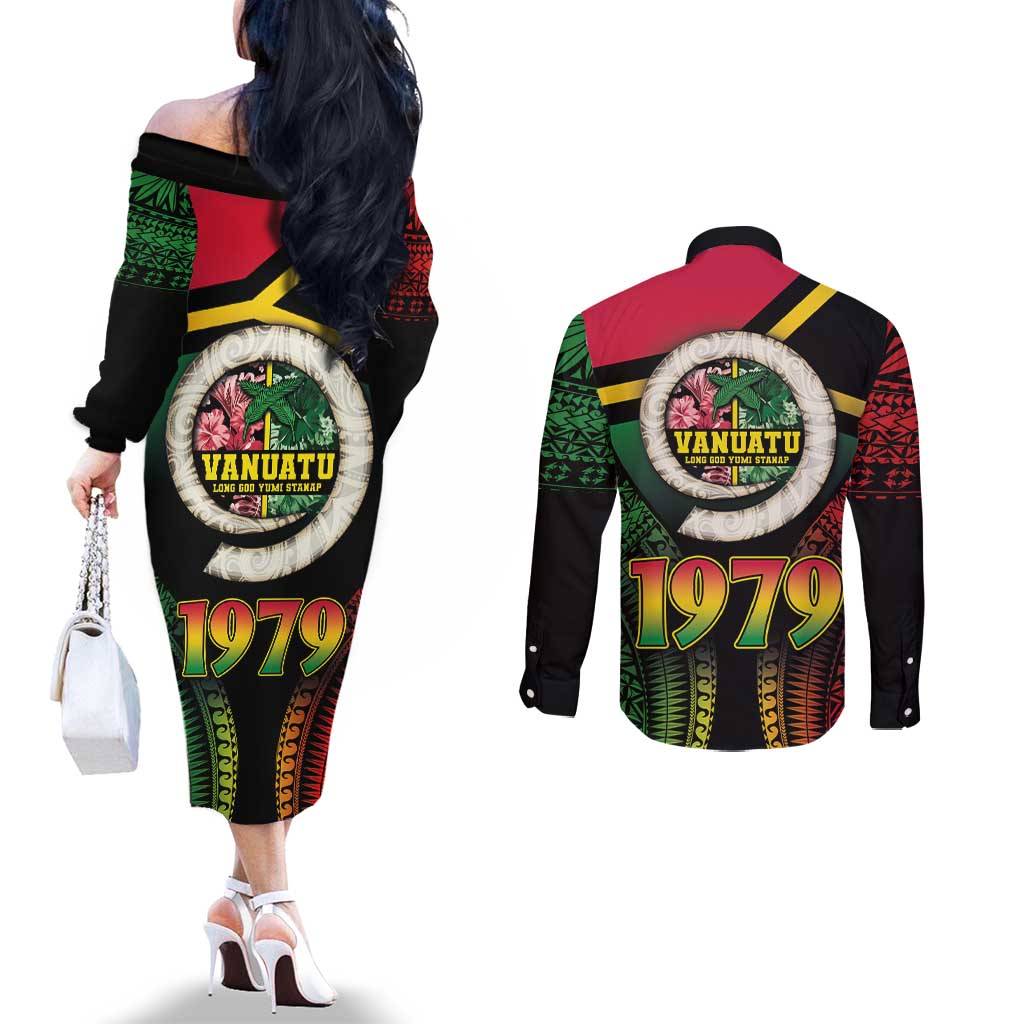Vanuatu Constitution Day Couples Matching Off The Shoulder Long Sleeve Dress and Long Sleeve Button Shirt Polynesian Tattoo and Pig Tusk Since 1979 LT03 - Polynesian Pride