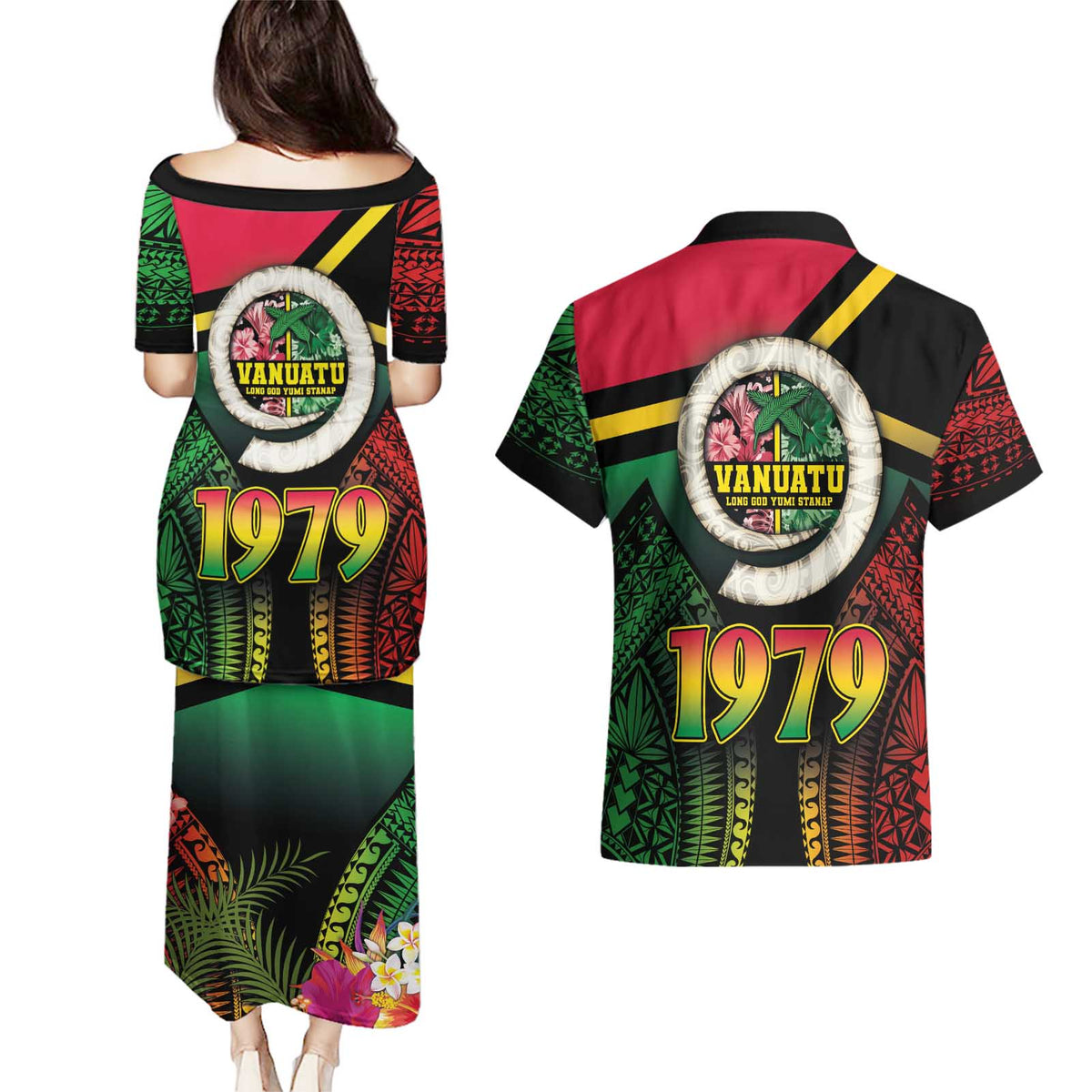 Vanuatu Constitution Day Couples Matching Puletasi and Hawaiian Shirt Polynesian Tattoo and Pig Tusk Since 1979 LT03 - Polynesian Pride