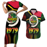 Vanuatu Constitution Day Couples Matching Short Sleeve Bodycon Dress and Hawaiian Shirt Polynesian Tattoo and Pig Tusk Since 1979 LT03 Black - Polynesian Pride