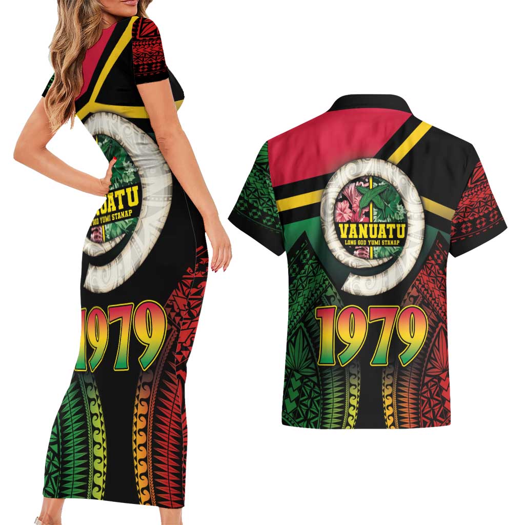 Vanuatu Constitution Day Couples Matching Short Sleeve Bodycon Dress and Hawaiian Shirt Polynesian Tattoo and Pig Tusk Since 1979 LT03 - Polynesian Pride