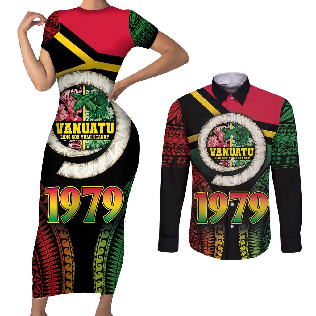 Vanuatu Constitution Day Couples Matching Short Sleeve Bodycon Dress and Long Sleeve Button Shirt Polynesian Tattoo and Pig Tusk Since 1979 LT03 Black - Polynesian Pride