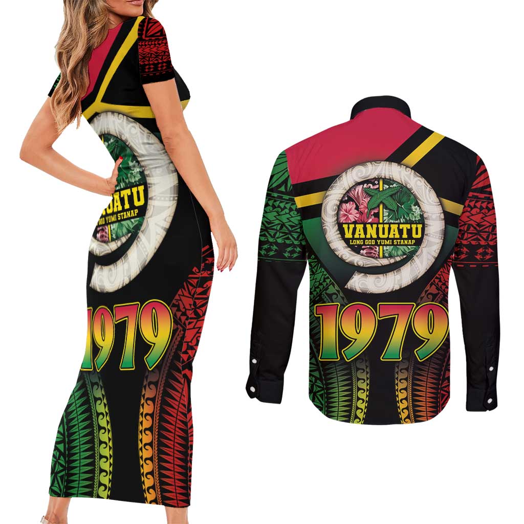 Vanuatu Constitution Day Couples Matching Short Sleeve Bodycon Dress and Long Sleeve Button Shirt Polynesian Tattoo and Pig Tusk Since 1979 LT03 - Polynesian Pride