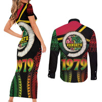 Vanuatu Constitution Day Couples Matching Short Sleeve Bodycon Dress and Long Sleeve Button Shirt Polynesian Tattoo and Pig Tusk Since 1979 LT03 - Polynesian Pride