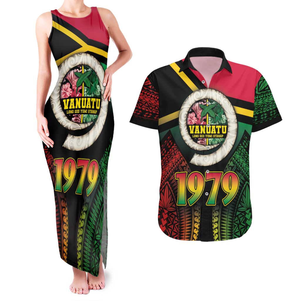 Vanuatu Constitution Day Couples Matching Tank Maxi Dress and Hawaiian Shirt Polynesian Tattoo and Pig Tusk Since 1979 LT03 Black - Polynesian Pride