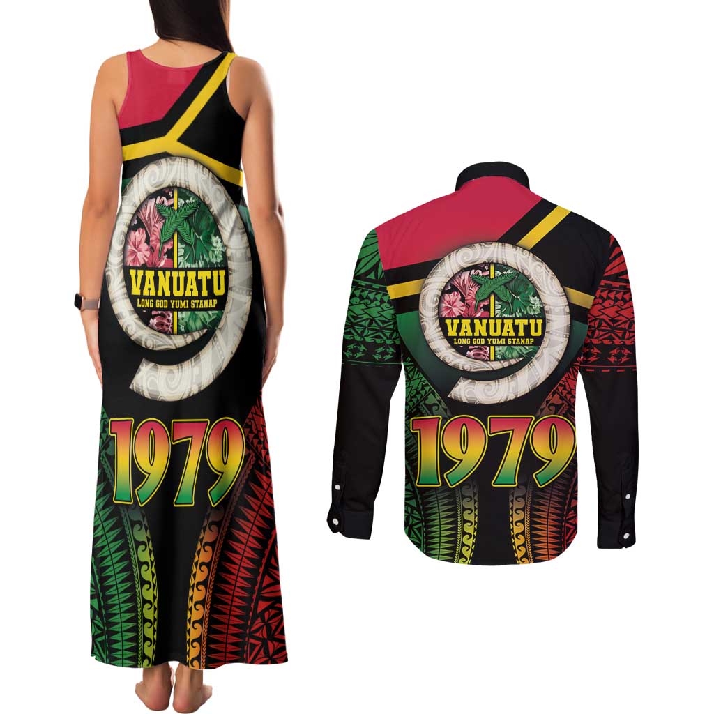 Vanuatu Constitution Day Couples Matching Tank Maxi Dress and Long Sleeve Button Shirt Polynesian Tattoo and Pig Tusk Since 1979 LT03 - Polynesian Pride