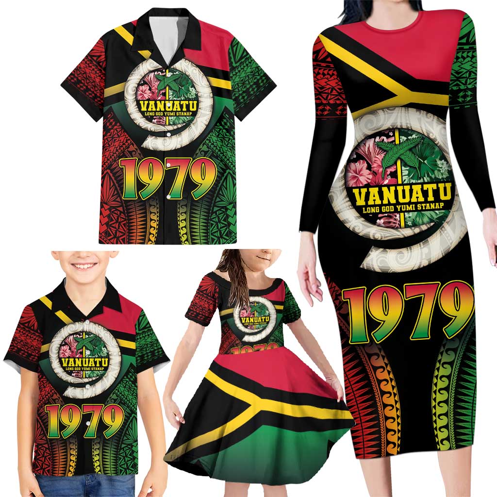 Vanuatu Constitution Day Family Matching Long Sleeve Bodycon Dress and Hawaiian Shirt Polynesian Tattoo and Pig Tusk Since 1979 LT03 - Polynesian Pride