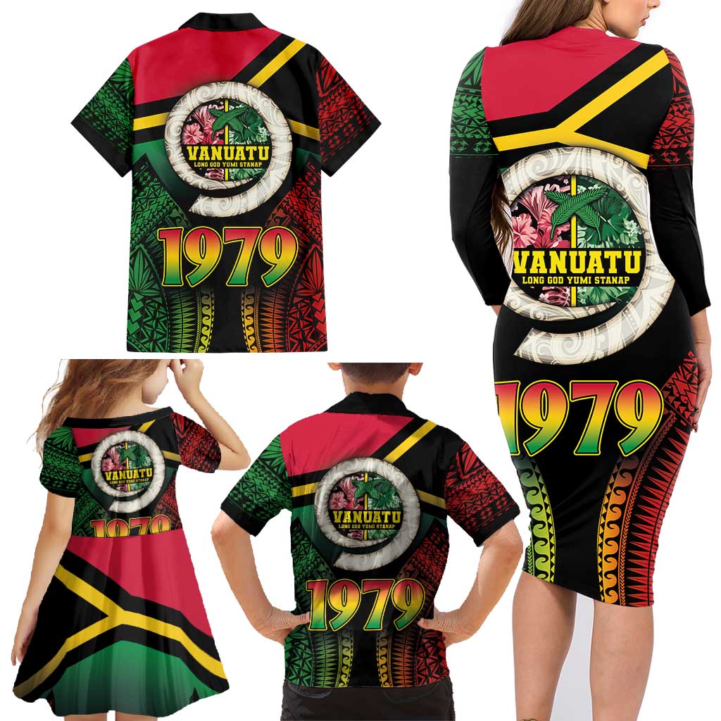 Vanuatu Constitution Day Family Matching Long Sleeve Bodycon Dress and Hawaiian Shirt Polynesian Tattoo and Pig Tusk Since 1979 LT03 - Polynesian Pride