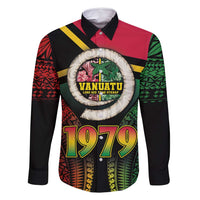 Vanuatu Constitution Day Family Matching Long Sleeve Bodycon Dress and Hawaiian Shirt Polynesian Tattoo and Pig Tusk Since 1979 LT03 Dad's Shirt - Long Sleeve Black - Polynesian Pride