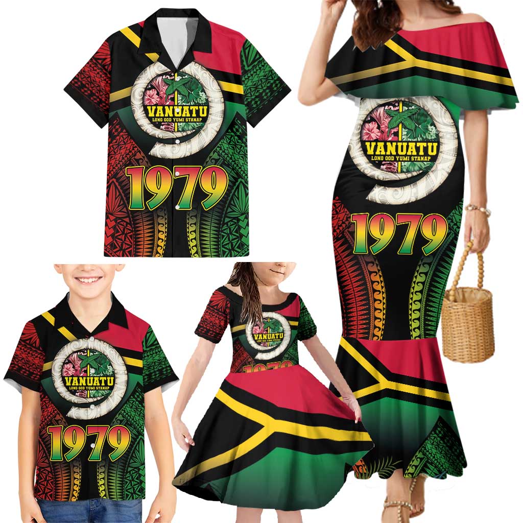 Vanuatu Constitution Day Family Matching Mermaid Dress and Hawaiian Shirt Polynesian Tattoo and Pig Tusk Since 1979 LT03 - Polynesian Pride
