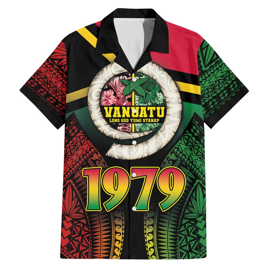Vanuatu Constitution Day Family Matching Mermaid Dress and Hawaiian Shirt Polynesian Tattoo and Pig Tusk Since 1979 LT03 Dad's Shirt - Short Sleeve Black - Polynesian Pride