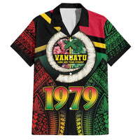 Vanuatu Constitution Day Family Matching Off The Shoulder Long Sleeve Dress and Hawaiian Shirt Polynesian Tattoo and Pig Tusk Since 1979 LT03 Dad's Shirt - Short Sleeve Black - Polynesian Pride