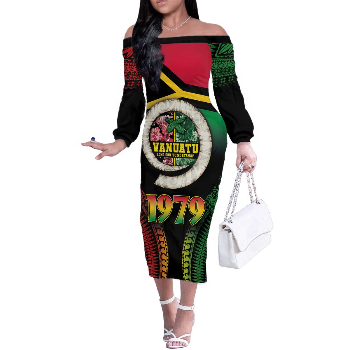 Vanuatu Constitution Day Family Matching Off The Shoulder Long Sleeve Dress and Hawaiian Shirt Polynesian Tattoo and Pig Tusk Since 1979 LT03 Mom's Dress Black - Polynesian Pride