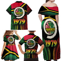 Vanuatu Constitution Day Family Matching Off Shoulder Maxi Dress and Hawaiian Shirt Polynesian Tattoo and Pig Tusk Since 1979 LT03 - Polynesian Pride