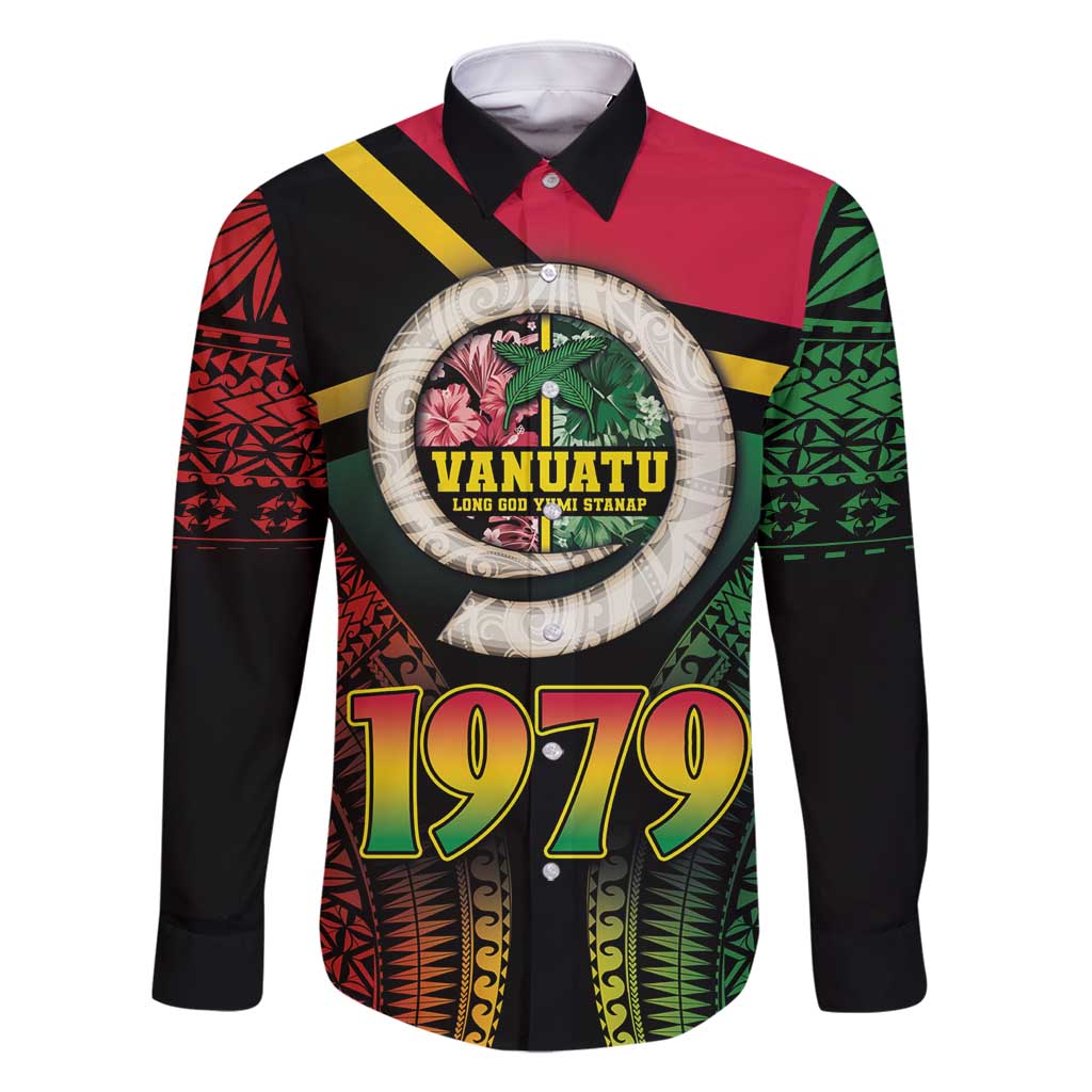 Vanuatu Constitution Day Family Matching Off Shoulder Maxi Dress and Hawaiian Shirt Polynesian Tattoo and Pig Tusk Since 1979 LT03 Dad's Shirt - Long Sleeve Black - Polynesian Pride
