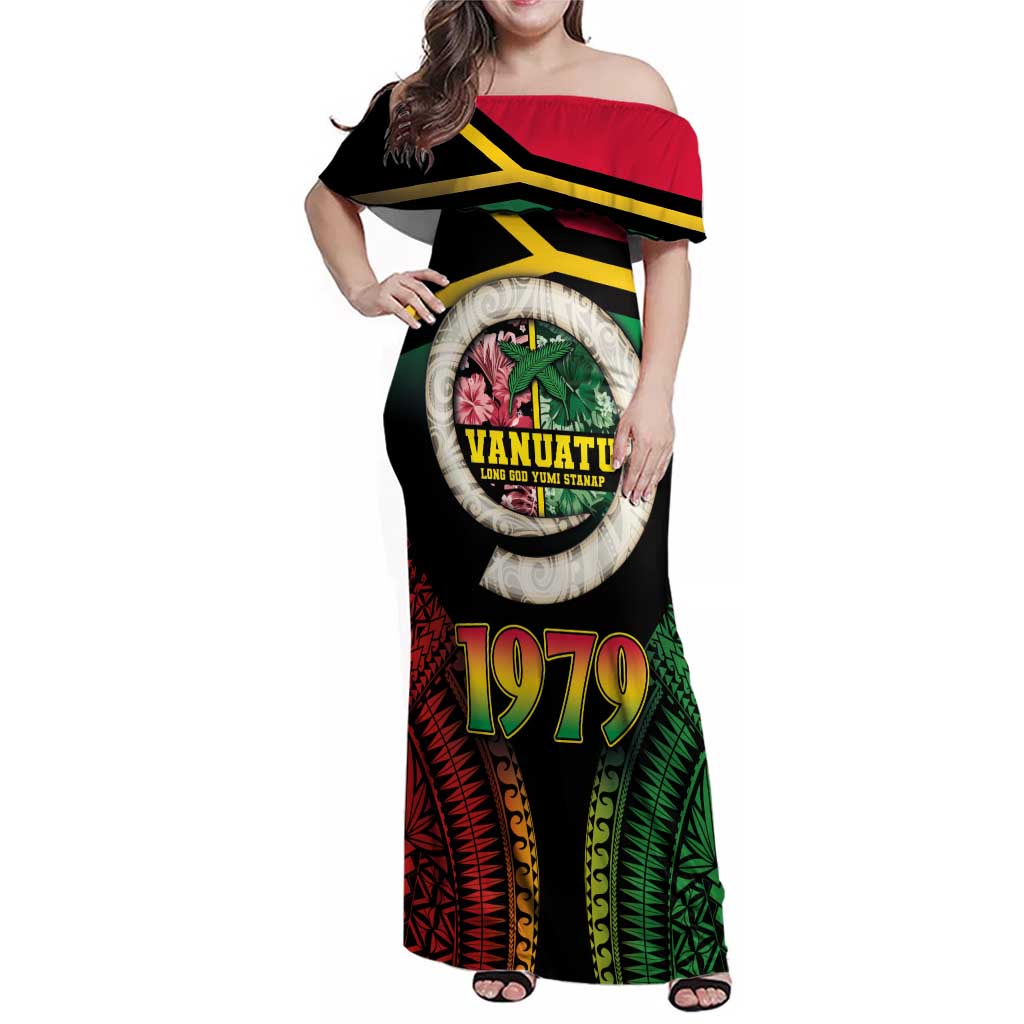 Vanuatu Constitution Day Family Matching Off Shoulder Maxi Dress and Hawaiian Shirt Polynesian Tattoo and Pig Tusk Since 1979 LT03 Mom's Dress Black - Polynesian Pride