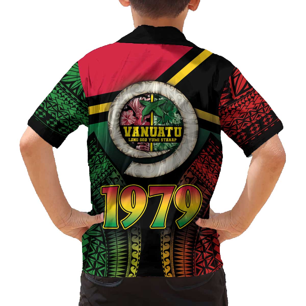 Vanuatu Constitution Day Family Matching Off Shoulder Short Dress and Hawaiian Shirt Polynesian Tattoo and Pig Tusk Since 1979 LT03 - Polynesian Pride