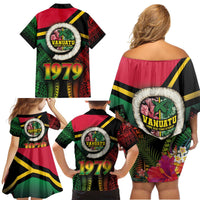 Vanuatu Constitution Day Family Matching Off Shoulder Short Dress and Hawaiian Shirt Polynesian Tattoo and Pig Tusk Since 1979 LT03 - Polynesian Pride