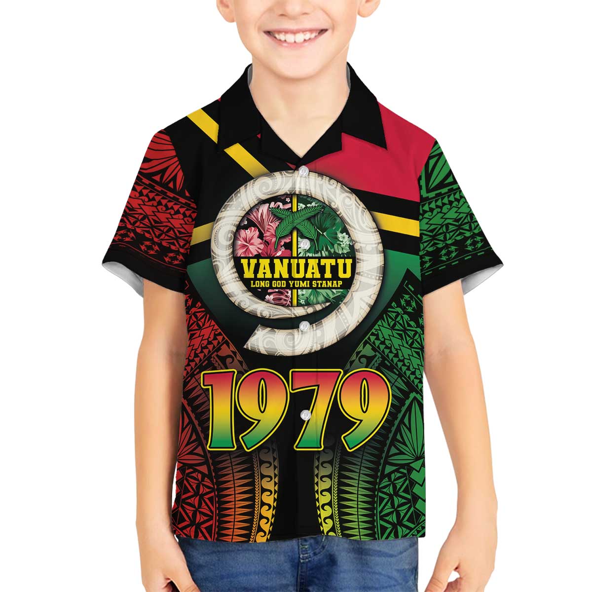 Vanuatu Constitution Day Family Matching Puletasi and Hawaiian Shirt Polynesian Tattoo and Pig Tusk Since 1979 LT03 Son's Shirt Black - Polynesian Pride