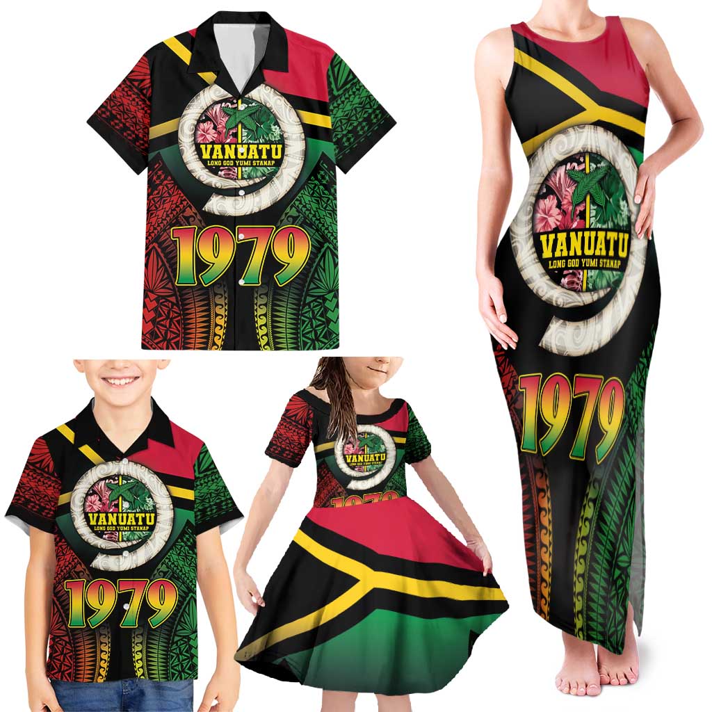 Vanuatu Constitution Day Family Matching Tank Maxi Dress and Hawaiian Shirt Polynesian Tattoo and Pig Tusk Since 1979 LT03 - Polynesian Pride