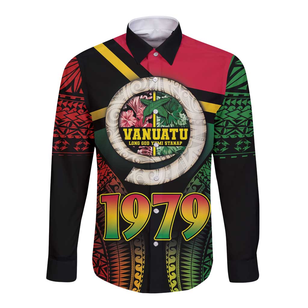 Vanuatu Constitution Day Long Sleeve Button Shirt Polynesian Tattoo and Pig Tusk Since 1979 LT03 Unisex Black - Polynesian Pride