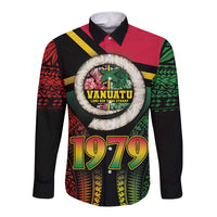 Vanuatu Constitution Day Long Sleeve Button Shirt Polynesian Tattoo and Pig Tusk Since 1979 LT03 Unisex Black - Polynesian Pride