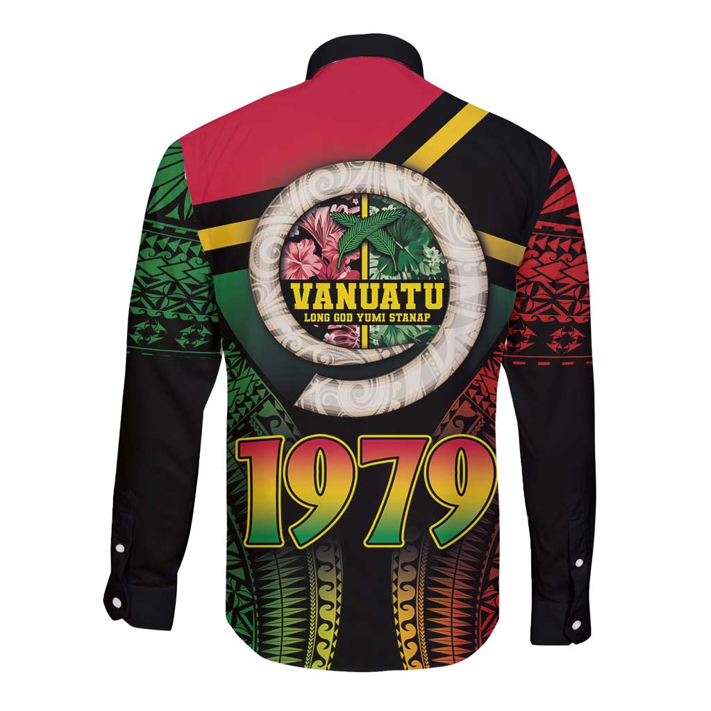 Vanuatu Constitution Day Long Sleeve Button Shirt Polynesian Tattoo and Pig Tusk Since 1979 LT03 - Polynesian Pride