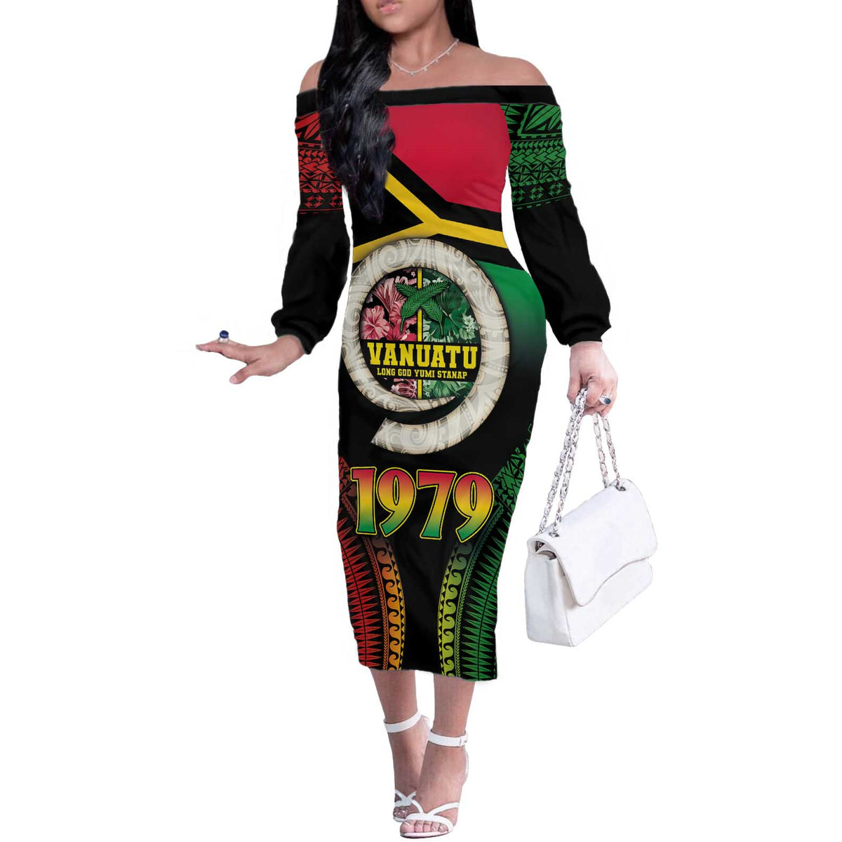 Vanuatu Constitution Day Off The Shoulder Long Sleeve Dress Polynesian Tattoo and Pig Tusk Since 1979 LT03 Women Black - Polynesian Pride