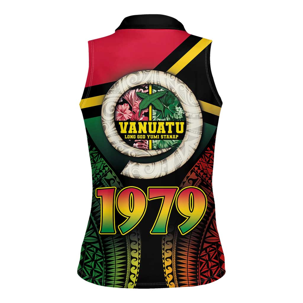 Vanuatu Constitution Day Women Sleeveless Polo Shirt Polynesian Tattoo and Pig Tusk Since 1979 LT03 - Polynesian Pride