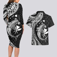 Aloha Hawaii Hammerhead Shark Couples Matching Long Sleeve Bodycon Dress and Hawaiian Shirt Black Kakau and Polynesian Tattoo LT03 - Polynesian Pride