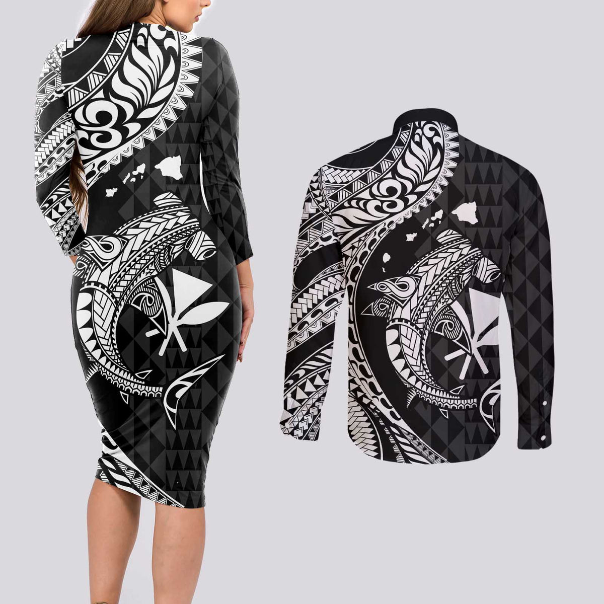 Aloha Hawaii Hammerhead Shark Couples Matching Long Sleeve Bodycon Dress and Long Sleeve Button Shirt Black Kakau and Polynesian Tattoo LT03 - Polynesian Pride