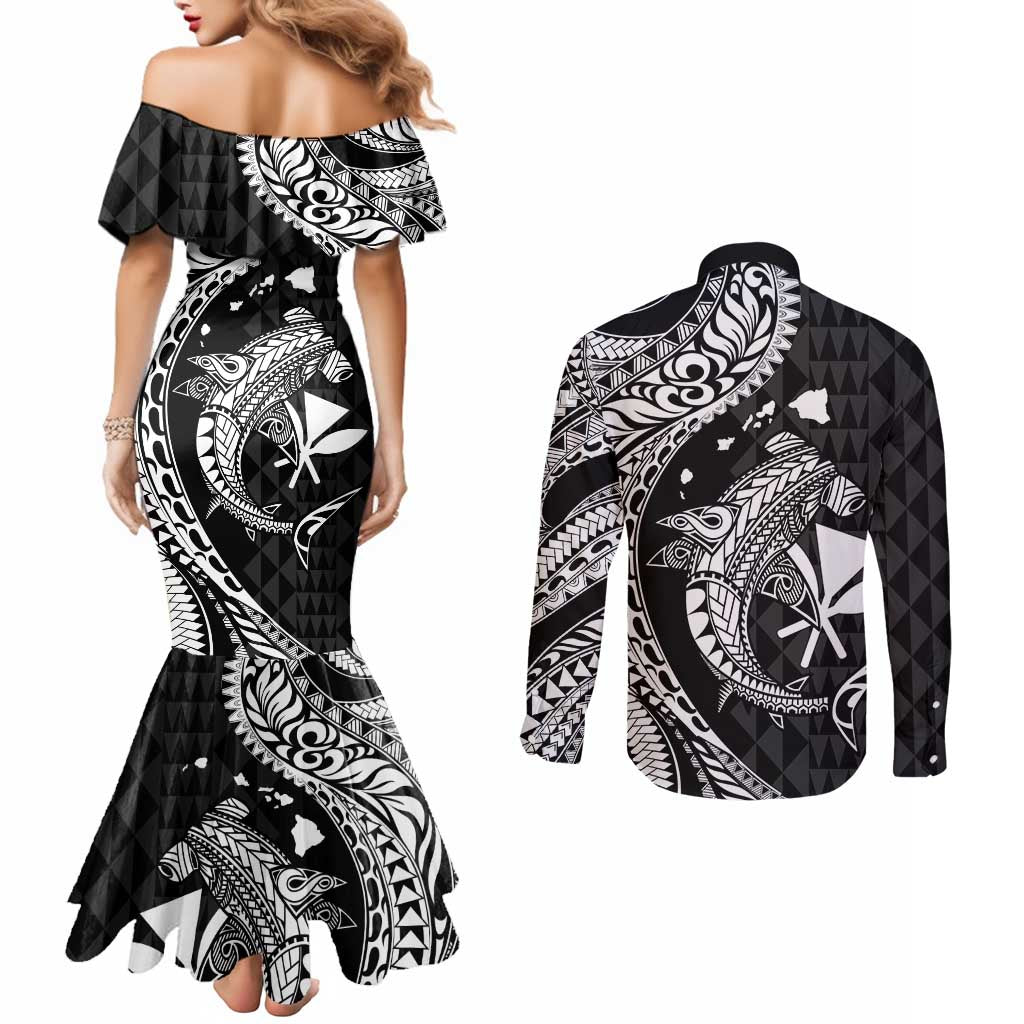 Aloha Hawaii Hammerhead Shark Couples Matching Mermaid Dress and Long Sleeve Button Shirt Black Kakau and Polynesian Tattoo LT03 - Polynesian Pride