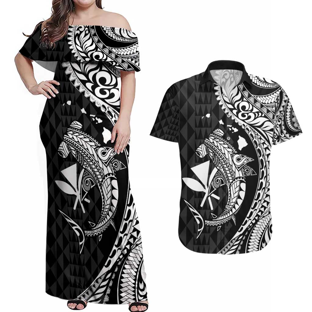 Aloha Hawaii Hammerhead Shark Couples Matching Off Shoulder Maxi Dress and Hawaiian Shirt Black Kakau and Polynesian Tattoo LT03 Black - Polynesian Pride