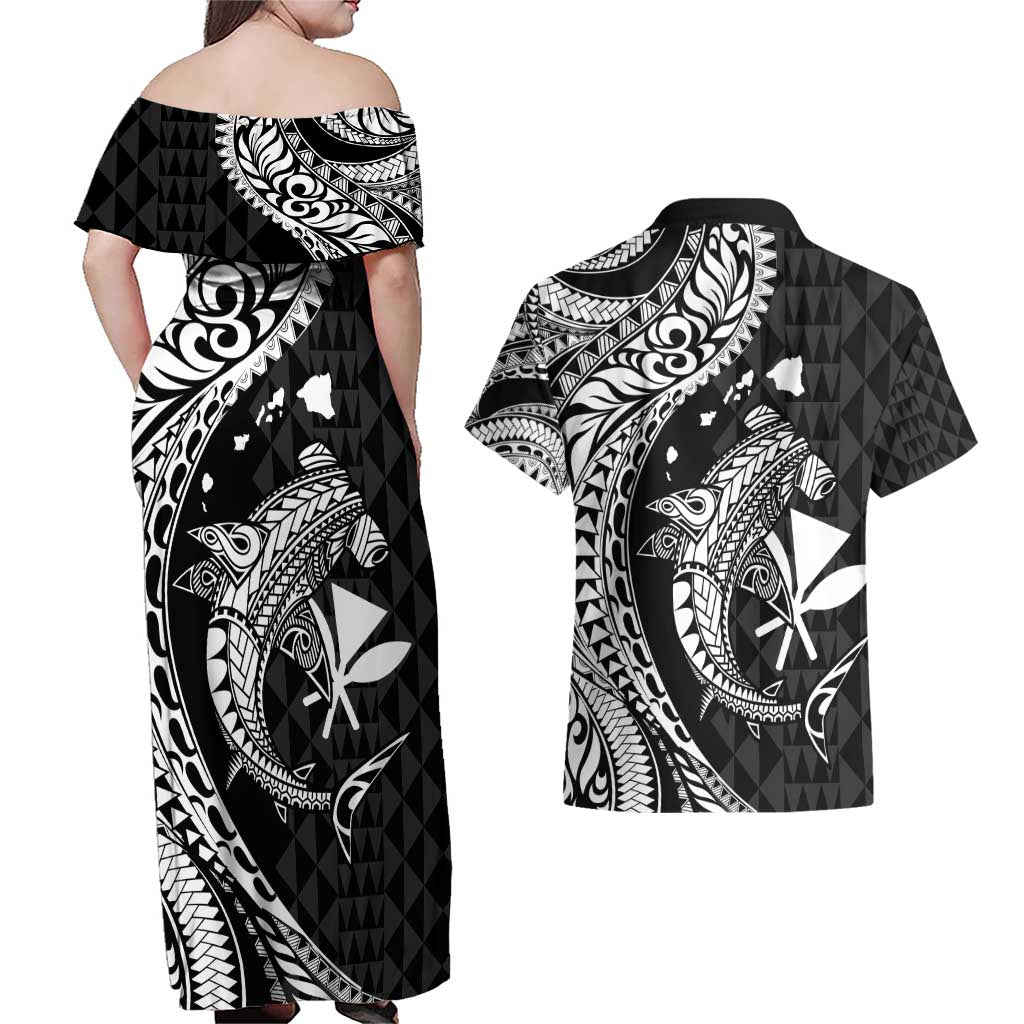 Aloha Hawaii Hammerhead Shark Couples Matching Off Shoulder Maxi Dress and Hawaiian Shirt Black Kakau and Polynesian Tattoo LT03 - Polynesian Pride