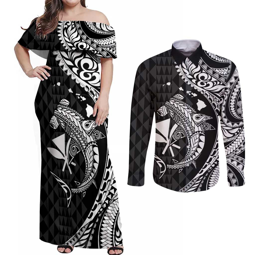 Aloha Hawaii Hammerhead Shark Couples Matching Off Shoulder Maxi Dress and Long Sleeve Button Shirt Black Kakau and Polynesian Tattoo LT03 Black - Polynesian Pride