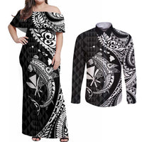 Aloha Hawaii Hammerhead Shark Couples Matching Off Shoulder Maxi Dress and Long Sleeve Button Shirt Black Kakau and Polynesian Tattoo LT03 Black - Polynesian Pride